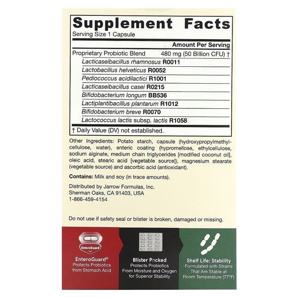 Пробіотики, 50 млрд КУО, Jarro-Dophilus EPS, Jarrow Formulas, 30 вегетаріанських капсул