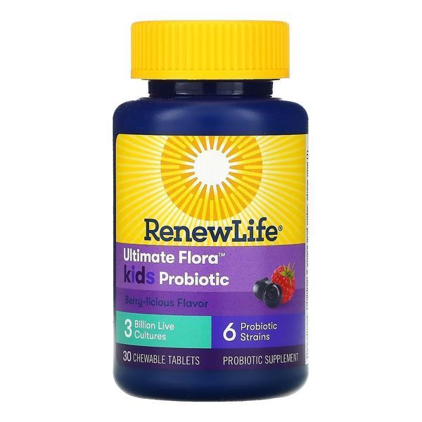 Пробиотик для детей, 3 млрд КОЕ, вкус ягод, Ultimate Flora, Kids Probiotic, Renew Life, 30 жевательных таблеток