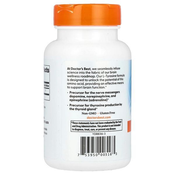 L-тирозин, 500 мг, L-Tyrosine, Doctor's Best, 120 вегетаріанських капсул