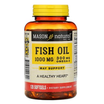 Риб'ячий жир 1000 мг з Омега-3 300 мг, Omega-3 Fish Oil, Mason Natural, 120 гелевих капсул