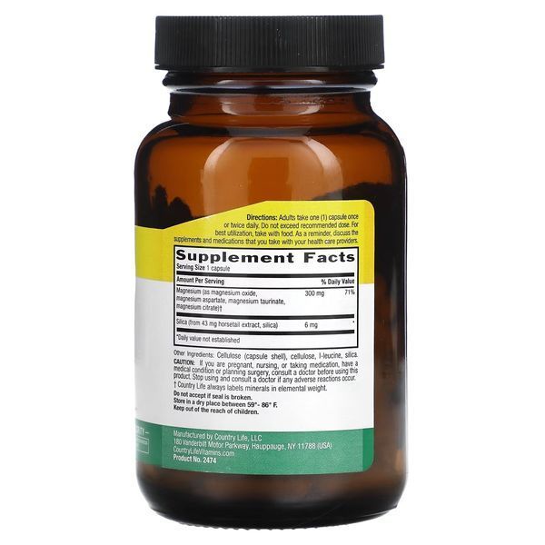 Магній з кремнієм, 300 мг, Target-Mins, Magnesium Caps with Silica, Country Life, 60 вегетаріанських капсул