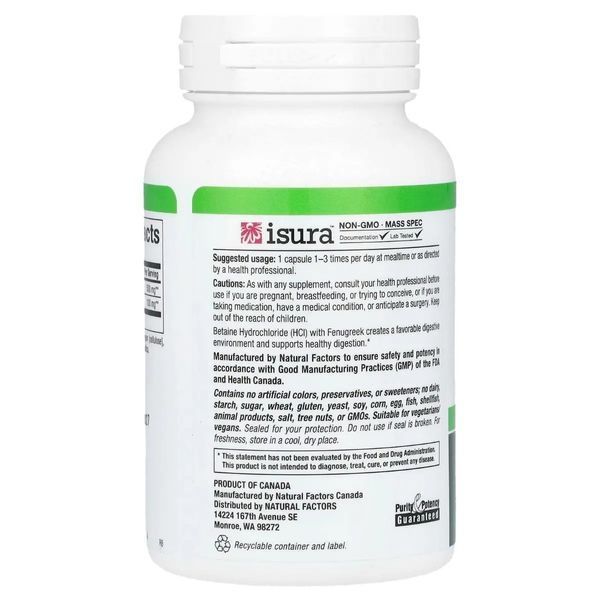 Бетаїн гідрохлорид та пажитник, 500 мг, Betaine Hydrochloride with Fenugreek, Natural Factors, 90 вегетаріанських капсул