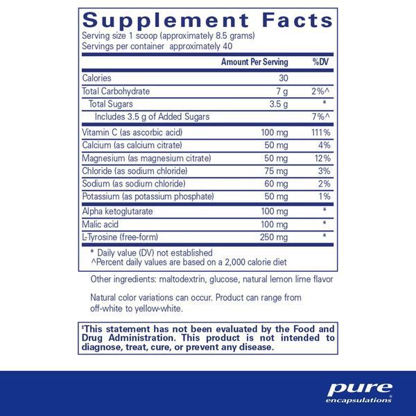 Електроліти, смак лимона та лайма, Electrolyte, Energy formula, Pure Encapsulations, 340 г