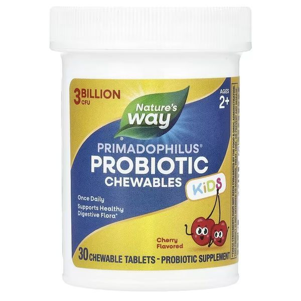 Пробіотики для дітей від 2 років, 3 млрд КУО, смак вишні, Primadophilus Kids Probiotic, Nature's Way, 30 жувальних таблеток