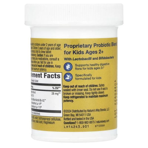 Пробіотики для дітей від 2 років, 3 млрд КУО, смак вишні, Primadophilus Kids Probiotic, Nature's Way, 30 жувальних таблеток