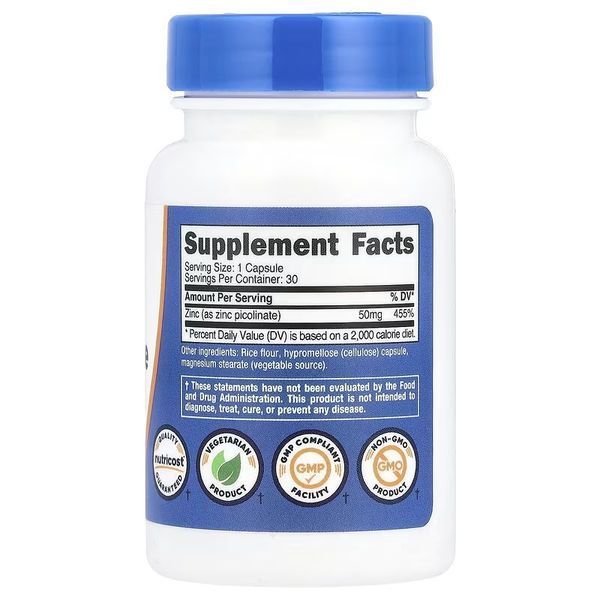 Цинк піколінат, 50 мг, Zinc Picolinate, Nutricost, 30 капсул