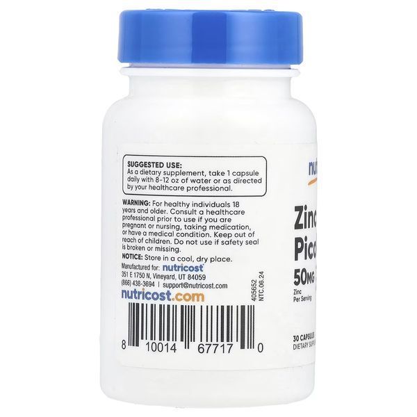 Цинк піколінат, 50 мг, Zinc Picolinate, Nutricost, 30 капсул