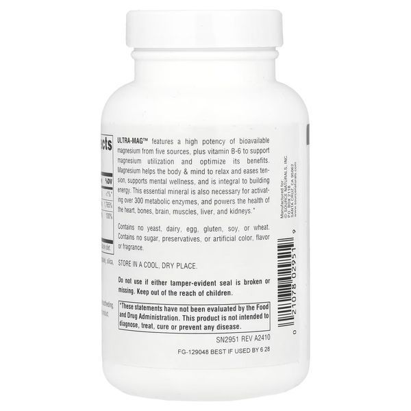 Ультра Магній та Вітамін B6, Ultra-Mag, Source Naturals, 90 веганських капсул