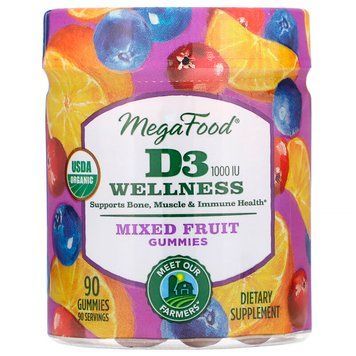 Витамин D3, 1000 IU, Wellness, вкус фруктов, MegaFood, 90 желейных конфет