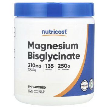 Магній бісгліцинат, без смаку, Magnesium Bisglycinate, Nutricost, 250 гр