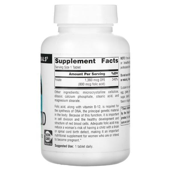 Фолієва кислота, 800 мкг, Folic Acid, Source Naturals, 200 таблеток
