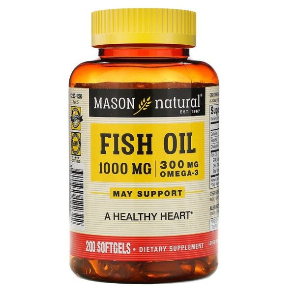 Риб'ячий жир 1000 мг з Омега-3 300 мг, Omega-3 Fish Oil, Mason Natural, 200 гелевих капсул