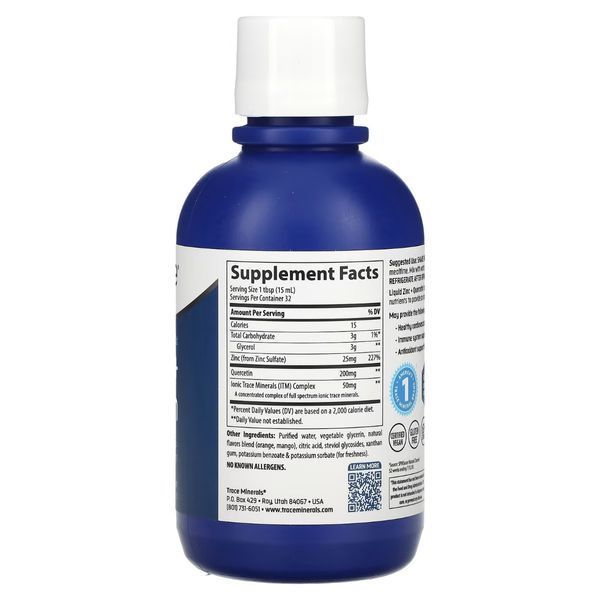 Цинк та кверцетин, смак апельсин та манго, Liquid Zinc + Quercetin, Trace Minerals, 473 мл