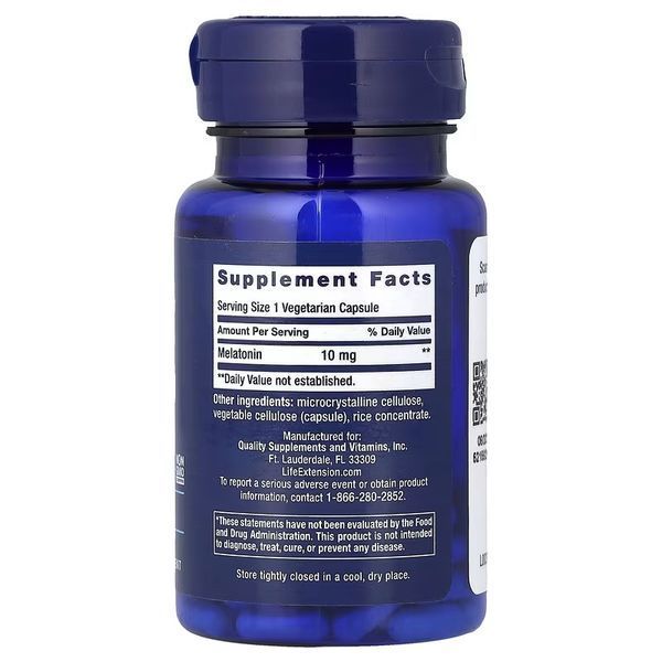 Мелатонін, 10 мг, Melatonin, Life Extension, 60 вегетаріанських капсул