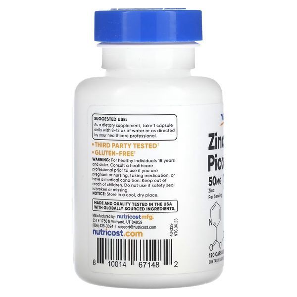 Цинк піколінат, 50 мг, Zinc Picolinate, Nutricost, 120 капсул