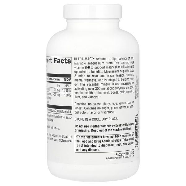 Ультра Магній та Вітамін B6, Ultra-Mag, Source Naturals, 180 веганських капсул