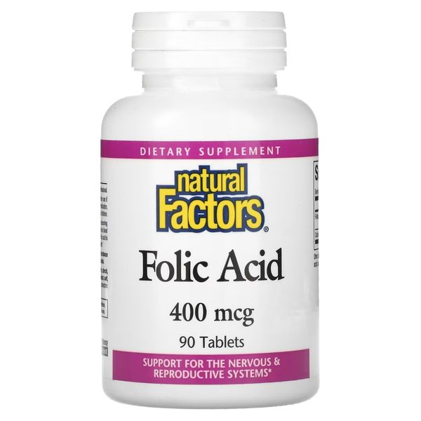 Фолієва кислота, 400 мкг, Folic Acid, Natural Factors, 90 таблеток