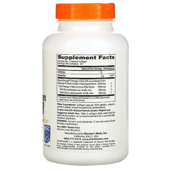 Аляскинский Рыбий Жир (Омега-3), Fish Oil with AlaskOmega, Doctor's Best,180 капсул