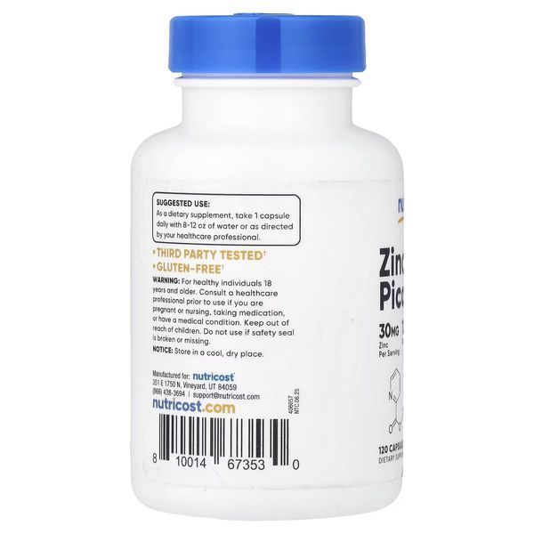 Цинк піколінат, 30 мг, Zinc Picolinate, Nutricost, 120 капсул
