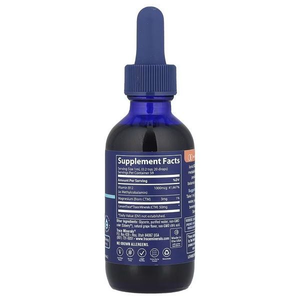 Витамин B12 ионный в каплях, 1000 мкг, вкус винограда, Ionic B12, Trace Minerals, 59 мл