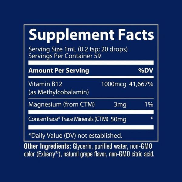 Витамин B12 ионный в каплях, 1000 мкг, вкус винограда, Ionic B12, Trace Minerals, 59 мл