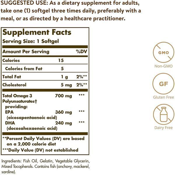 Двойная Сила Омега-3, Double Strength Omega-3, Solgar, 700 мг, 30 желатиновых капсул