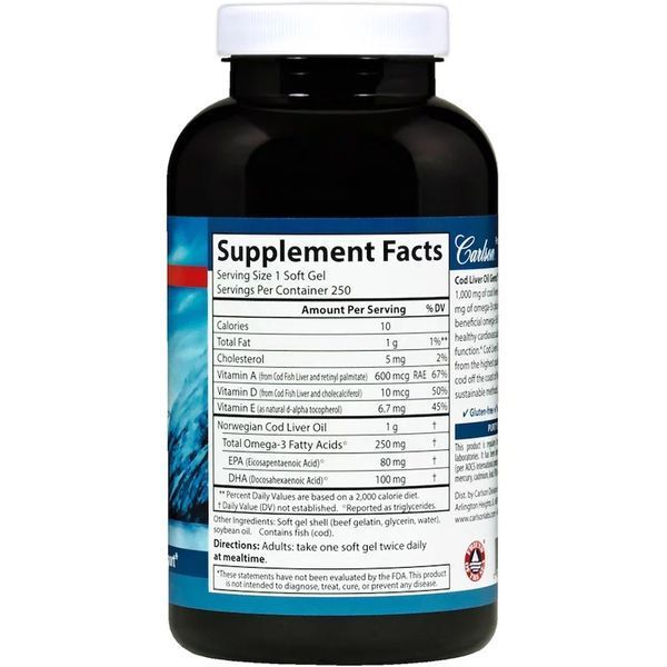 Жир из Печени Норвежской Трески, 1000 мг, Cod Liver Oil, Carlson, 250 гелевых капсул