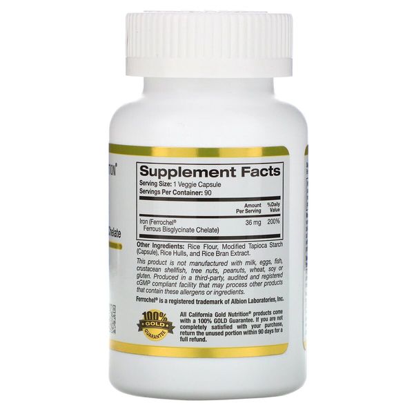 Залізо Бісгліцінат, Ferrochel Iron (Bisglycinate), California Gold Nutrition, 36 мг, 90 рослинних капсул