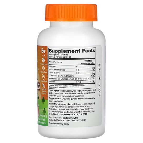 Вітамін D3 для дітей, 1000 МО, смак фруктів, Vitamin D3 Kids Gummies, Doctor's Best, 60 жувальних цукерок
