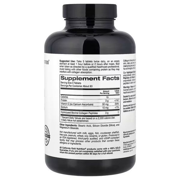 Колаген Гідролізовані пептиди + Вітамін С, Hydrolyzed Collagen Peptides + Vitamin C, Type I & III, California Gold Nutrition, 250 таблеток