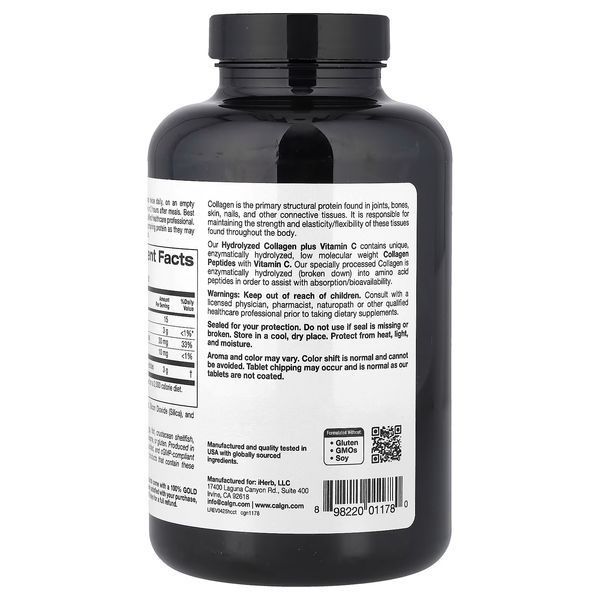 Колаген Гідролізовані пептиди + Вітамін С, Hydrolyzed Collagen Peptides + Vitamin C, Type I & III, California Gold Nutrition, 250 таблеток