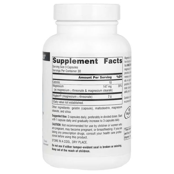 Магній L-треонат, Magtein, Magnesium L-Threonate, Source Naturals, 90 капсул