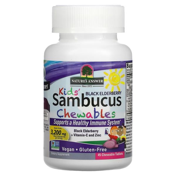 УЦІНКА Чорна бузина для дітей з вітаміном С та цинком, Kid's Sambucus Chewables, Black Elderberry + Vitamin C and Zinc, Nature's Answer, 45 жувальних таблеток (м'ята коробка)