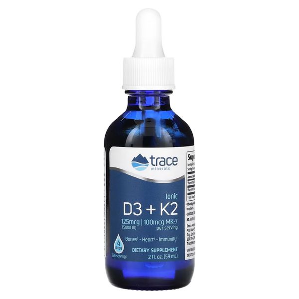 Вітаміни D3 та K2 іонізовані в краплях, Ionic D3+K2, Trace Minerals, 59 мл