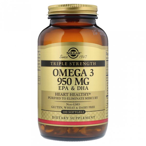 Риб'ячий Жир, Омега 3 (Omega-3 EPA, DHA), 950 мг, Потрійна Сила, Solgar, 100 желатинових капсул