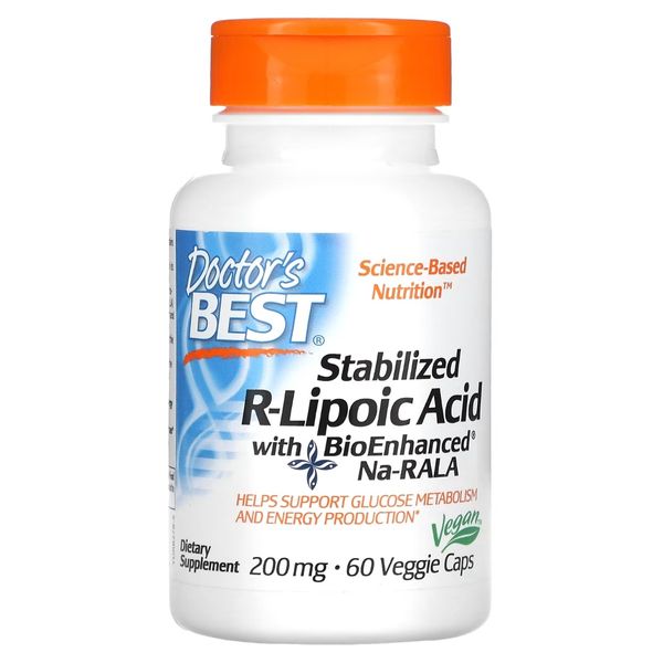 R-ліпоєва кислота, 200 мг, Stabilized R-Lipoic Acid with BioEnhanced Na-RALA, Doctor's Best, 60 вегетаріанських капсул