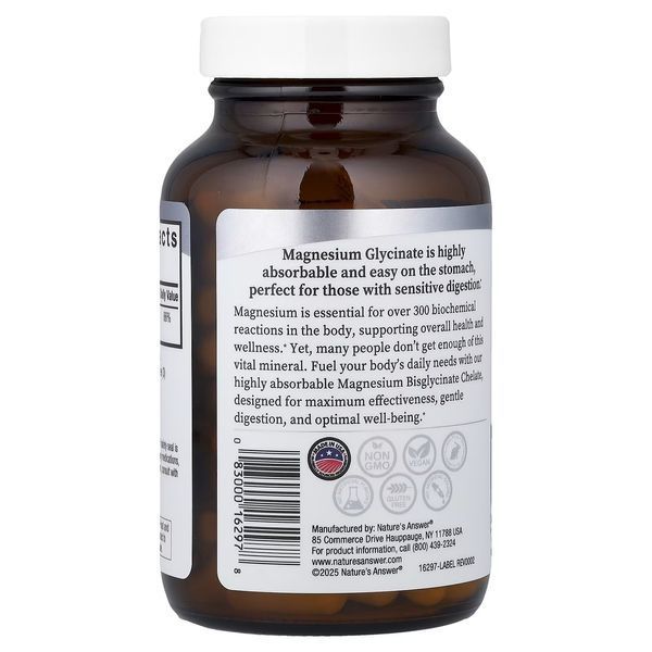 Магній гліцинат високої засвоюваності, Magnesium Glycinate, High Absorption, Nature's Answer, 90 вегетаріанських капсул