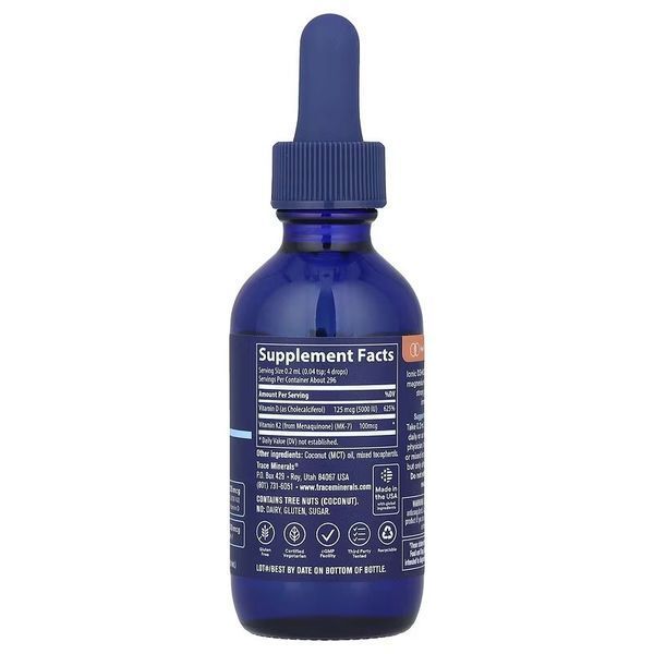 Вітаміни D3 та K2 іонізовані в краплях, Ionic D3+K2, Trace Minerals, 59 мл