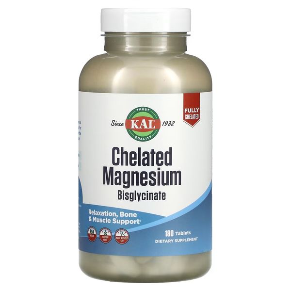 Магній хелатний бісгліцинат, Chelated Magnesium Bisglycinate, KAL, 180 таблеток