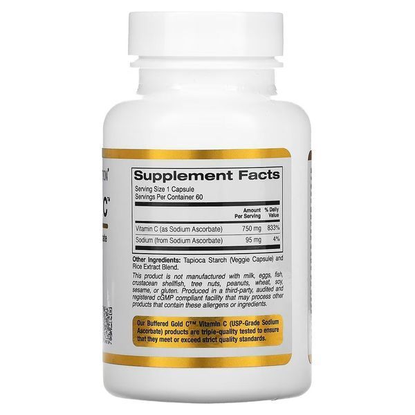 Буферизований Вітамін C, 750 мг, Buffered Gold C, Standard Sodium Ascorbate, Vitamin C, California Gold Nutrition, 60 вегетаріанських капсул