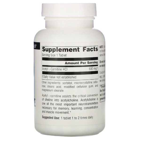 Ацетил L-Карнітин 500 мг, Acetyl L-Carnitine, Source Naturals, 120 таблеток