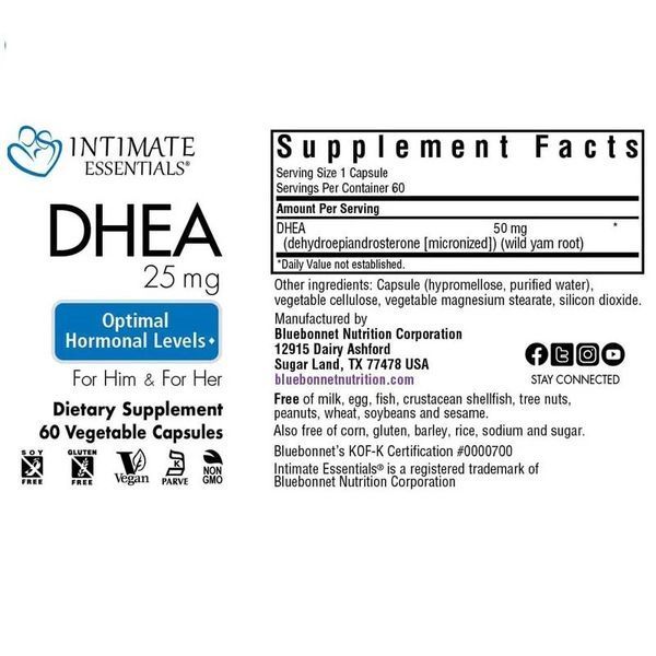 Дегідроепіандростерон, 50 мг, Intimate Essenitals, DHEA, Bluebonnet Nutrition, 60 вегетаріанських капсул