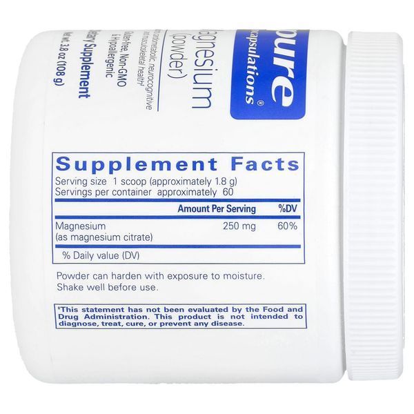 Магний, 250 мг, Magnesium Powder, Pure Encapsulations, 108 г