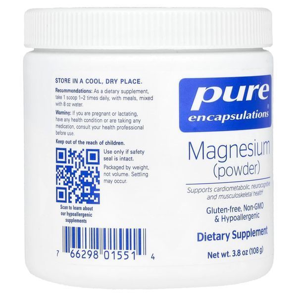 Магний, 250 мг, Magnesium Powder, Pure Encapsulations, 108 г
