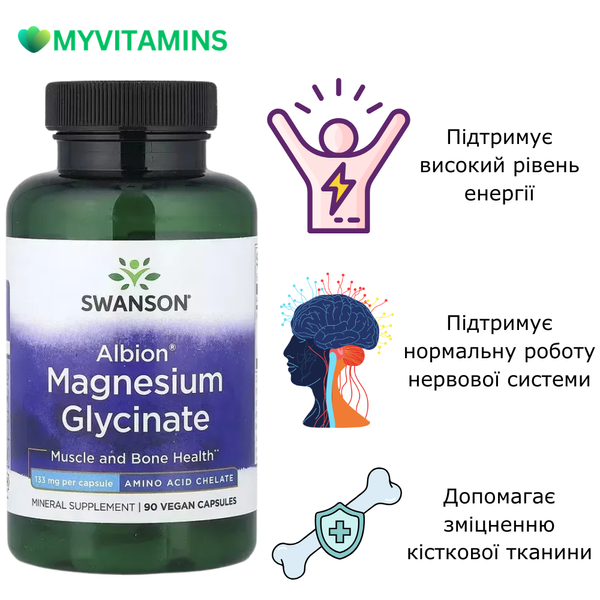 Магній гліцинат, 133 мг, Albion, Magnesium Glycinate, Swanson, 90 веганських капсул