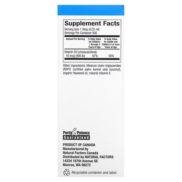Вітамін D3 у Краплях для дітей, 400 МО, Без Ароматизаторів, Vitamin D3 Drops, Natural Factors, 15 мл