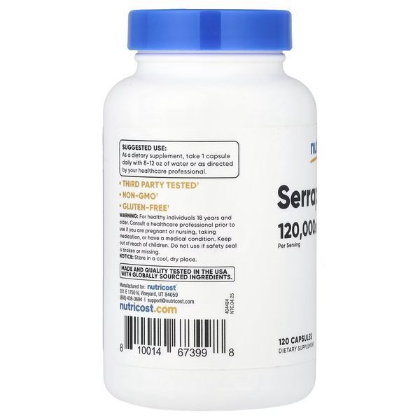 Серрапептаза, 60 мг, 120000 SPU, Serrapeptase, Nutricost, 120 капсул