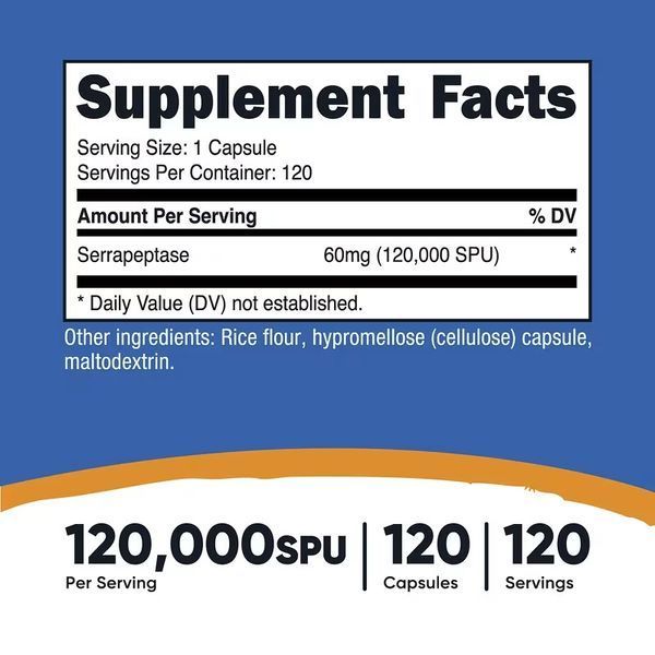 Серрапептаза, 60 мг, 120000 SPU, Serrapeptase, Nutricost, 120 капсул