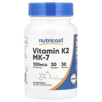 Вітамін К2 у формі МК-7, 100 мкг, Vitamin K2 MK-7, Nutricost, 30 гелевих капсул