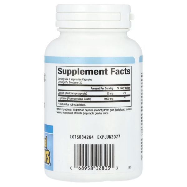 L-тирозин, 1000 мг, L-Tyrosine, Natural Factors, 60 вегетаріанських капсул
